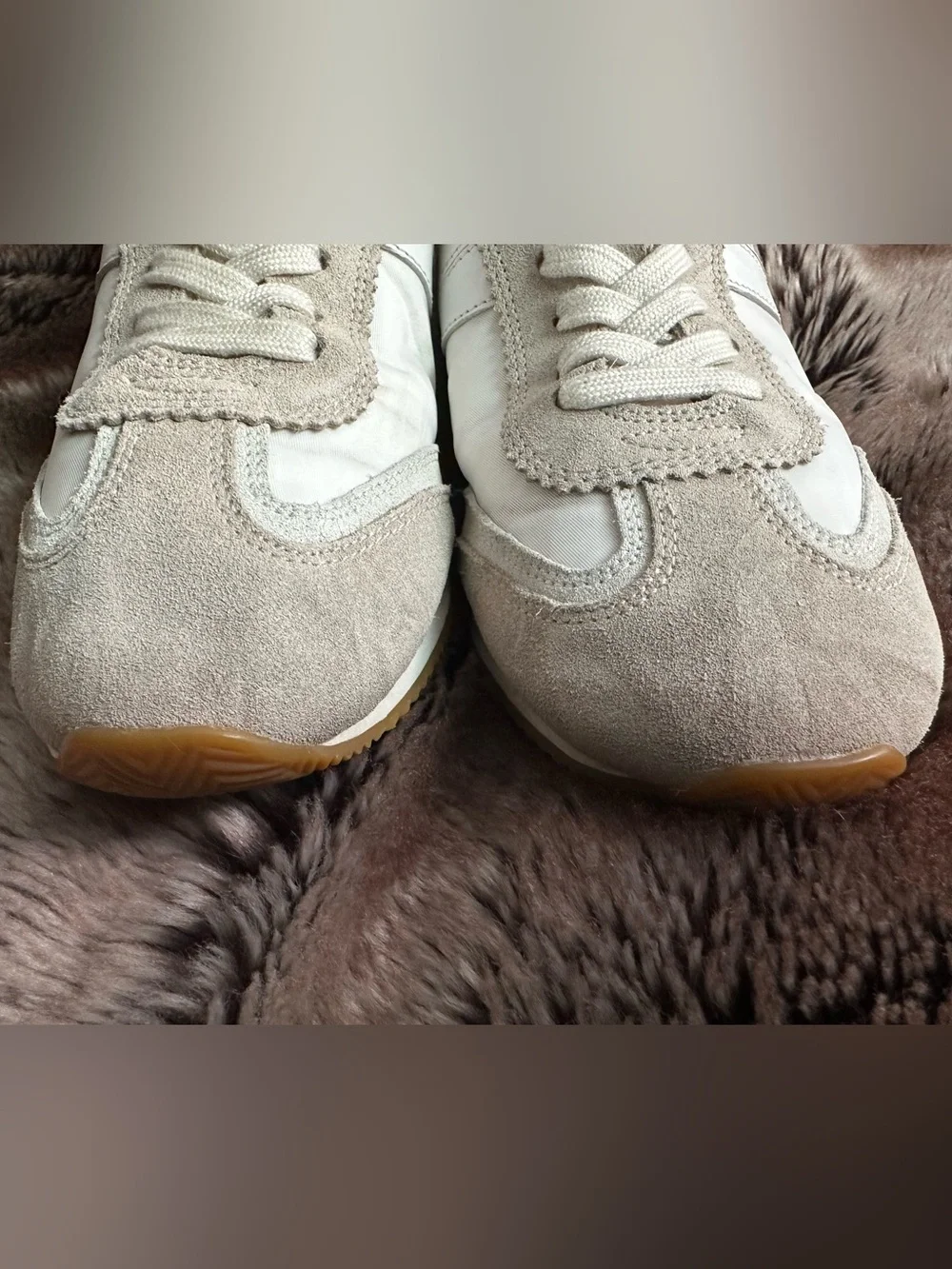 Tory Burch Hank White and Beige Suede Retro Runner Sneaker